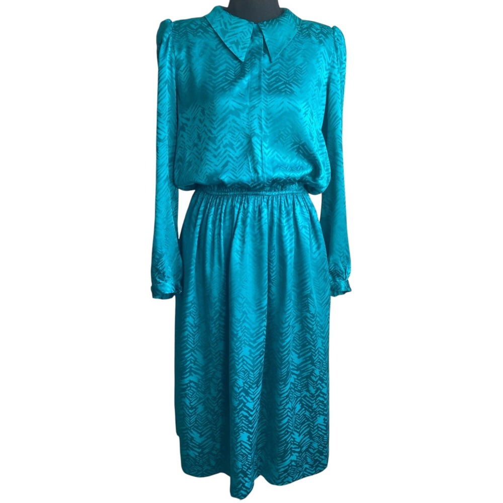 Vintage 80s Silk Midi Dress Sz 6 Teal Long Sleeve Glam Party Dynasty Era Retro